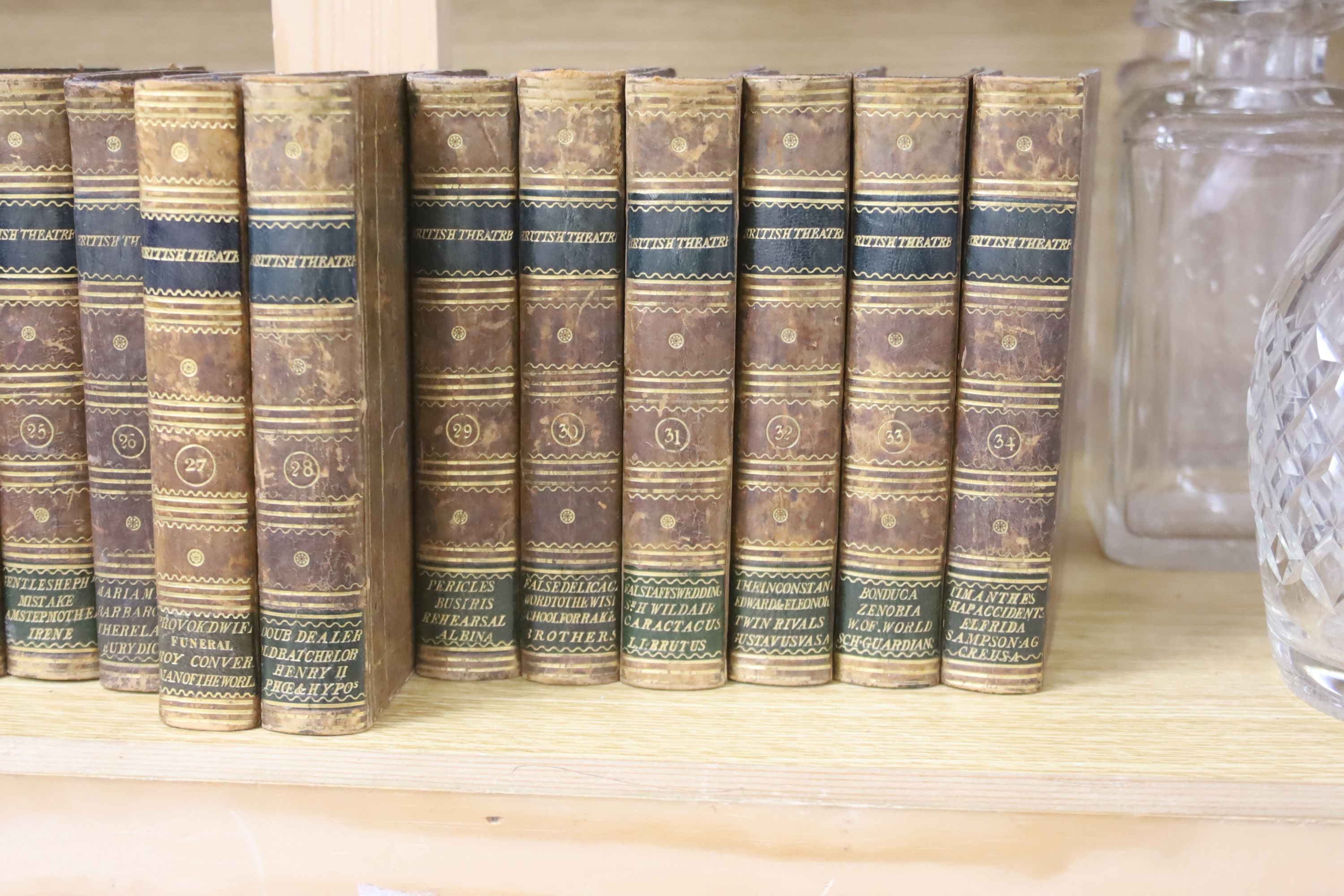 John Bell, British Theatre, 34 vols, 1791-1797, gilt-tooled tan calf, marbled end boards and a similarly-bound set of Bell's Minor Theatre